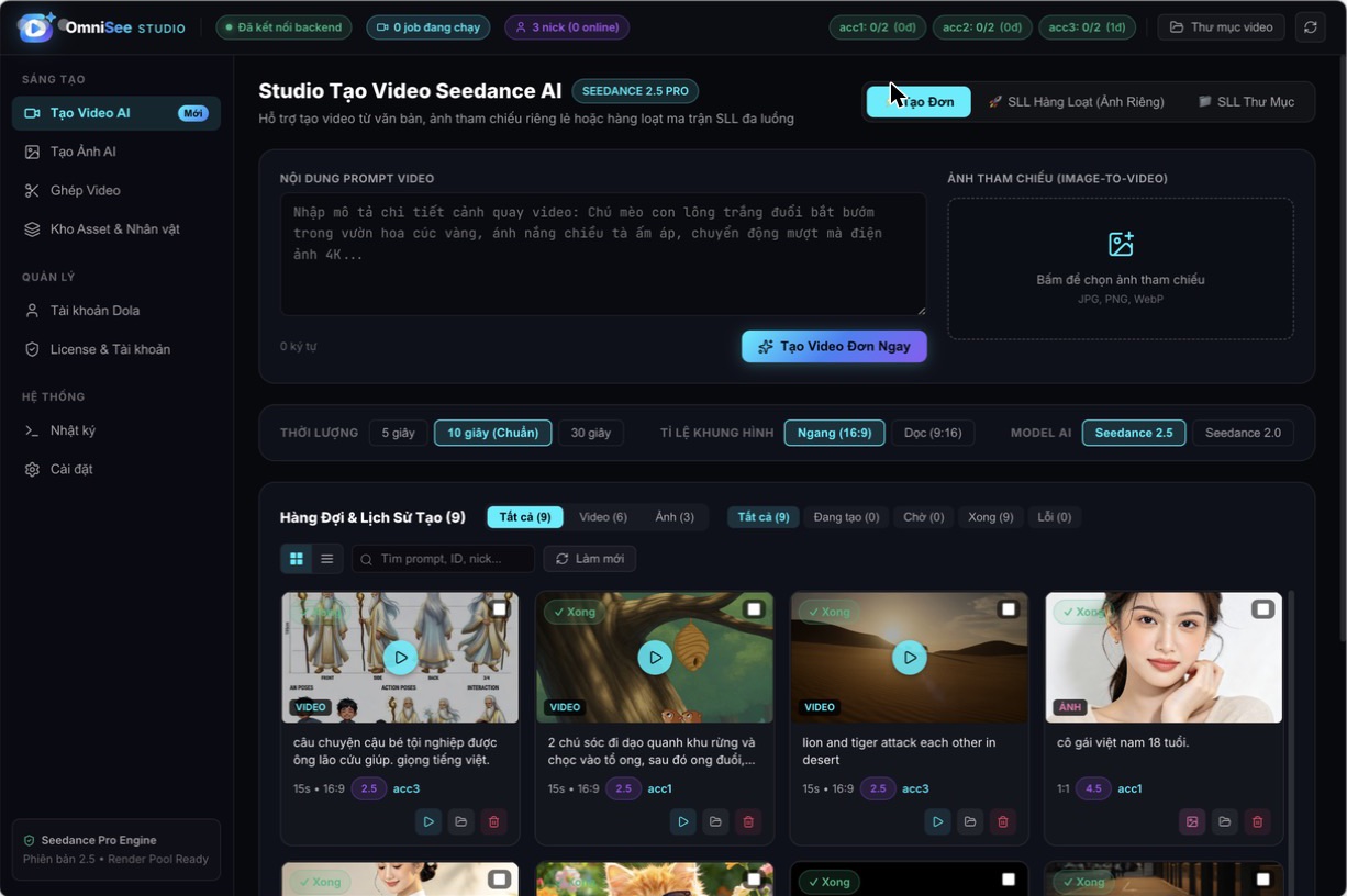 Màn hình tạo video Seedance trong OmniSee